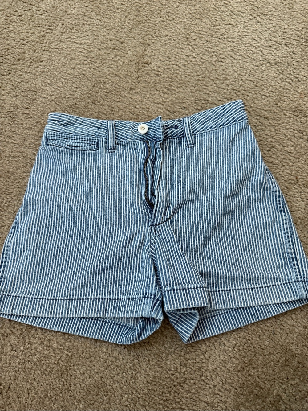 Madewell Blue and White Pinstriped High-Waist Shorts